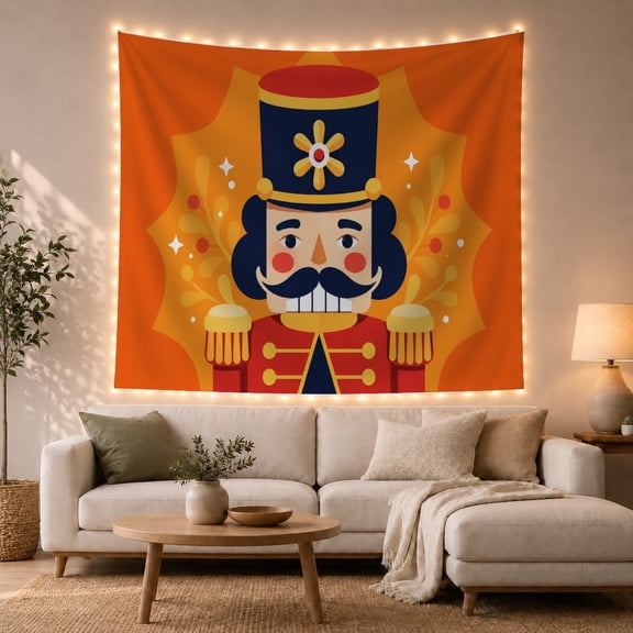 Nutcracker Soldier Portrait in Festive Orange Background, Whimsical Digital Art for Holiday Fans, Festive Wall Decor Christmas Gift, Tapestry Wall Hanging for Living Room and Bedroom