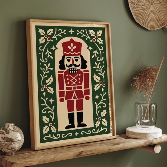 Nutcracker Soldier Wall Art, Red Green Holiday Print, Festive Home Decor, Stretched Canvas Size 16x24