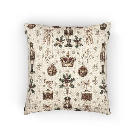 Nutcracker Soldiers, Ballet Slippers and Holiday Ornaments Woven Pillow, Burgundy, Gold, Green and Cream