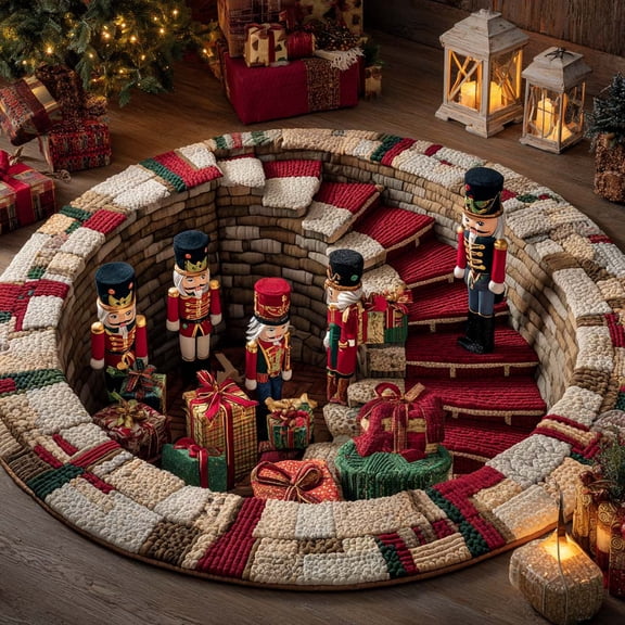 Nutcracker Stairwell Quilted Round Mat, 3D Optical Illusion Christmas Rug, Nutcracker Stairwell Floor Mat, Holiday Home Decor, Indoor Outdoor Area Rug