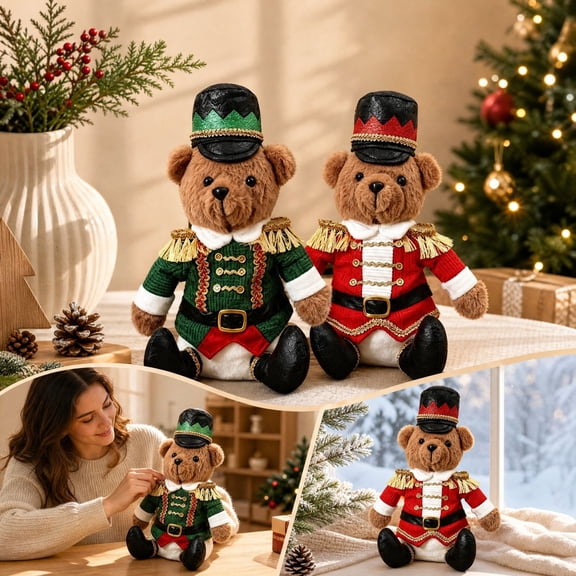 Nutcracker Style Christmas Soldier Teddy Bear, Sitting Bear Desktop Ornament Festive Home Decor Holiday Gift for Family