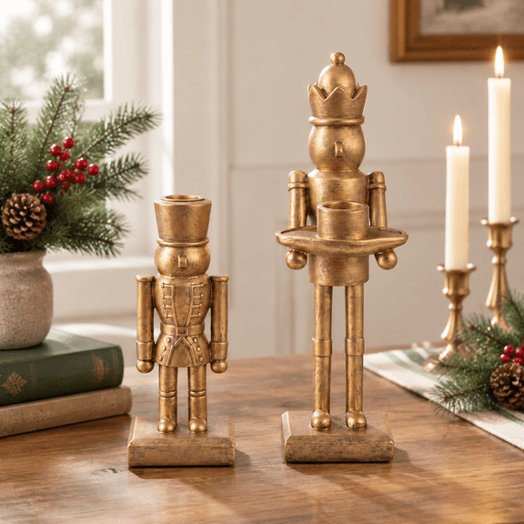 Nutcracker Taper Candle Holders Set of 2, Antique Brass Polyresin Decor