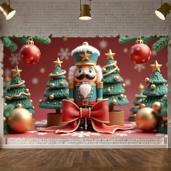 Nutcracker Theme Christmas Banner Christmas Tree Design Holiday Banner Red Gold Color Snowflake Pattern Xmas Decoration Banner for Christmas Party Indoor Celebration Xmas Event