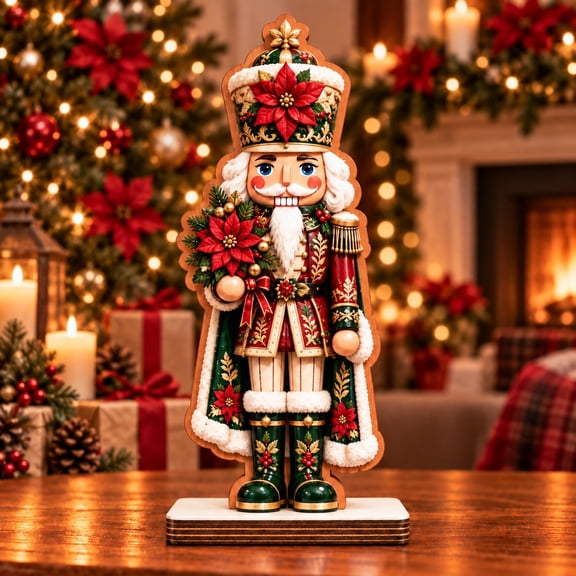 Nutcracker Wooden Block Poinsettia Christmas Shelf Sitter for Mantel Display, Holiday Gift