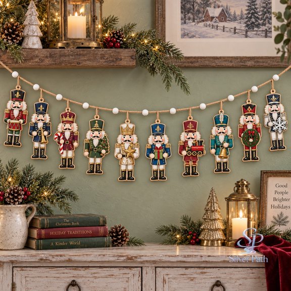 Nutcracker Wooden Ornament Garland 10 Piece Vintage Christmas Mantel Decoration for Holiday Hosting