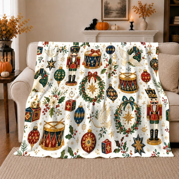 Nutcracker decorative motif Ornament Christmas Art, Festive Holiday Scene, Warm Flannel Blanket for Living Room and Family Room, Art Lovers Christmas Gift, Festive Home Decor