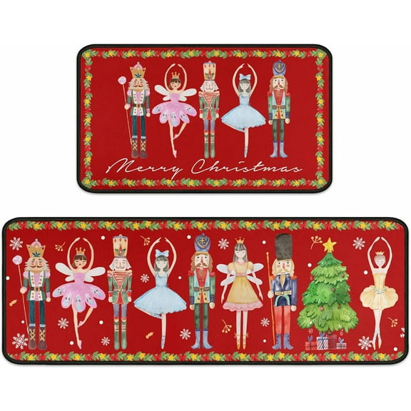 Nutcrackers Merry Christmas Kitchen Rugs Set of 2, Red Nutcracker Christmas Decor, Merry Xmas Rug Winter Mats, Xmas Decorations for Home, Low-Profile Kitchen Floor Mat (Red, 17"x47"+17"x30")