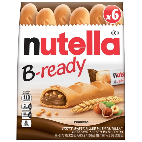 Nutella B-ready Hazelnut Spread with Cocoa Wafer, Snack Bar Pack, 6 Individually Wrapped Bars-Pack Of 2