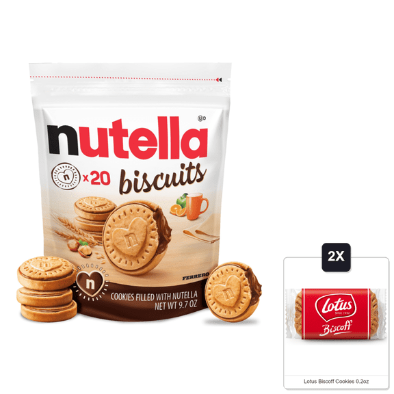 Nutella Biscuits Cookies Filled With Nutella Hazelnut Spread, Sweet Snack Pack, 9.7 Oz & 2x Lotus Biscoff Cookies 0.2oz