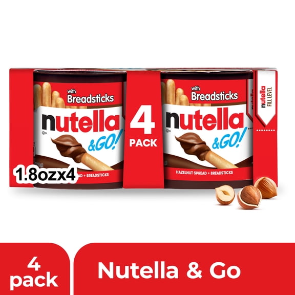 Nutella & GO! Chocolate Hazelnut Spread with Cocoa + Breadsticks, 4 Snack Packs, 1.8 oz Each