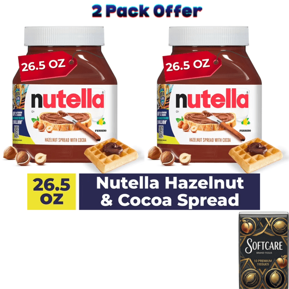 Nutella Hazelnut Spread with Cocoa, Creamy Hazelnut Spread, Breakfast Favorite, 26.5 oz Jar ( Includes One Tissue Pack )