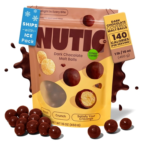 Nutic Dark Chocolate Malted Milk Balls - 1LB, Classic Treats for Holidays and Movie Nights, Luxurious Malt Balls Coated in Rich Dark Chocolate - Made in the USA - (Pack of 1)