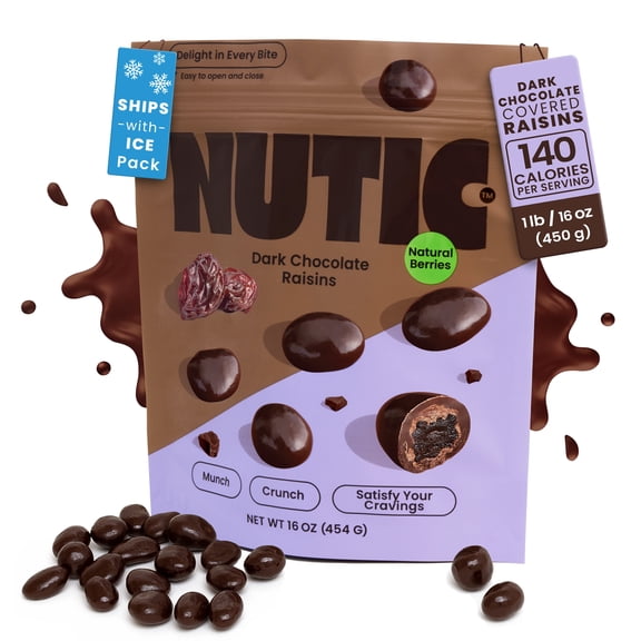Nutic TMH1Gourmet Chocolate Covered Raisins - Dark Chocolate, Bulk Bag of Candy Snacks, Perfect for Movies, Bites of Raisins & Chocolate Candies - 1 Lb
