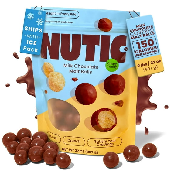 Nutic Gourmet Milk Chocolate Covered Malted Milk Balls - 2 Lb Bulk Candy for Christmas, Holidays & Family Movie Nights - Ideal Food Gift for Couples & Baskets - Sweet, Delicious Holiday Sweets