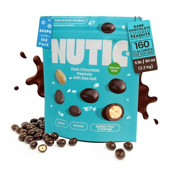 Nutic Sea Salt Dark Chocolate Covered Peanuts - 5 Lb. Luxurious Gourmet Snack Ideal for Dark Chocolate, Almond & Cashew Lovers, Belgian Quality, Healthy Indulgence, Made in USA - Pack of 1