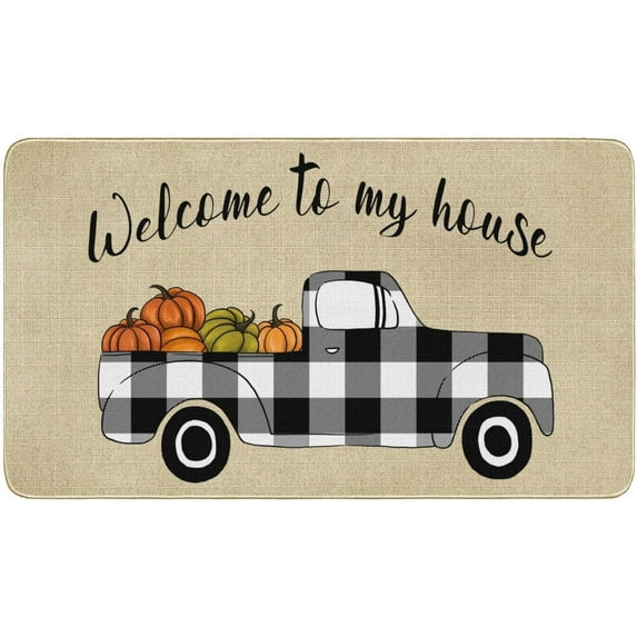 Nutksea Fall Welcome Truck Pumpkin Decorative Doormat, Autumn Non Slip and Washable Buffalo Plaid Doormat Rubber Back Door Mat for Indoor Outdoor 30" x 17”,Welcome to My House.