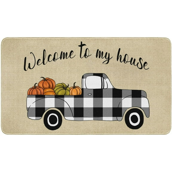 Nutksea Fall Welcome Truck Pumpkin Decorative Doormat, Autumn Non Slip and Washable Buffalo Plaid Doormat Rubber Back Door Mat for Indoor Outdoor 30" x 17”,Welcome to My House.