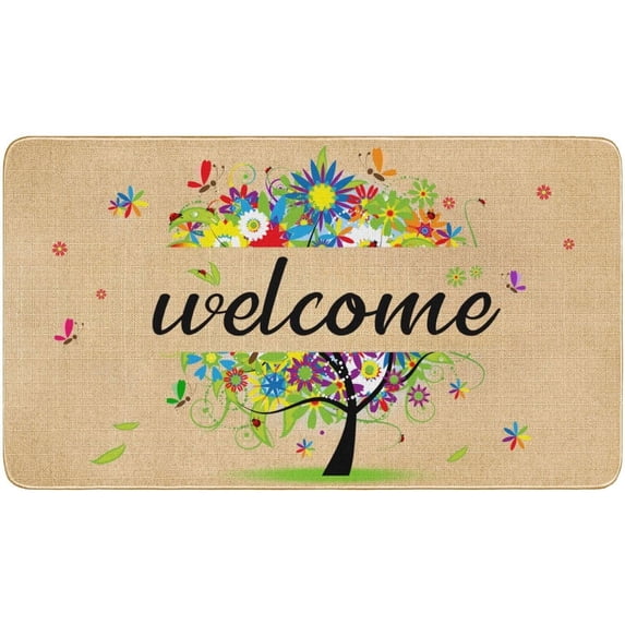 Nutksea - Summer Welcome Front Doormat, Colorful Floral Tree Decor Floor Mat Rubber Non-Slip Reusable Entrance Door Mat Gift Indoor Decoration Supplies Home Decor Outdoor Mats 17\u201dx 30"\u2026