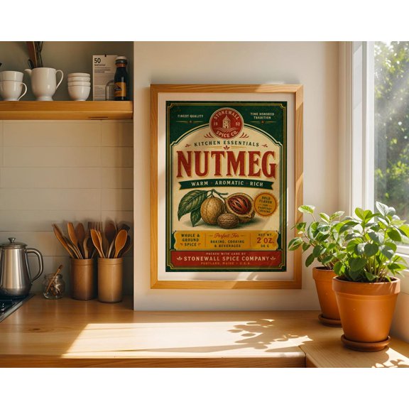 Nutmeg Kitchen Wall Art Vintage Spice Label Rustic Pantry Decor Farmhouse Kitchen Artwork Retro Nutmeg Botanical Print, Unframed Paper Print