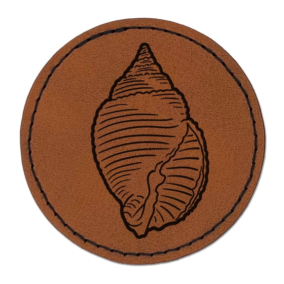 Nutmeg Shell Seashell Beach 2.5" Faux Leather Round Engraved Iron-On Patch - Brown