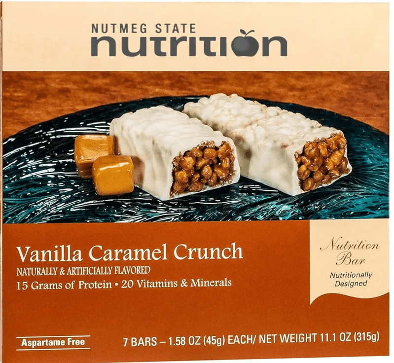 Nutmeg State Nutrition - High Protein Snack Bars, 15g Protein, 160 Calories, Low Sodium, 19g Carbs, 6g Fiber, 7 Servings Per Box (Vanilla Caramel Crunch)