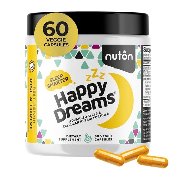 Nuton Happy Dreams Sleep Supplement - Natural Sleep Aids for Adults, Time Release Melatonin, ETAS Asparagus & Venetron Extract, 60 Veggie Capsules