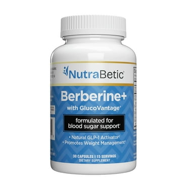 NutraBetic Berberine + Capsules, Natural GLP-1 Activator, Blood Sugar Support, Promotes Weight Management, GlucoVantage, Diabetic Support, Diabetes, 1200 mg Berberine Equivalent, 30 Count