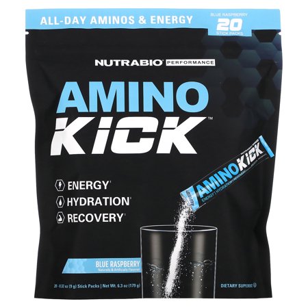 NutraBio Amino Kick, Blue Raspberry, 20 Stick Packs, 0.32 oz (9 g) Each