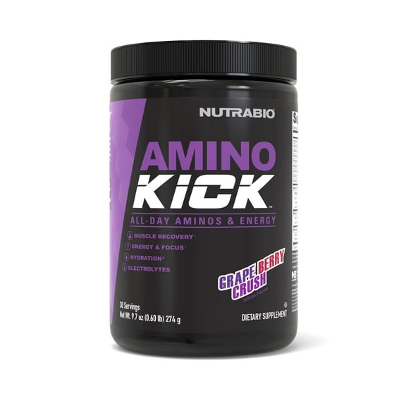 NutraBio Amino Kick - Amino Acid Energy Formula - BCAA's, Electrolytes for Hydration, Natural Caffeine- 30 Servings (Grape Berry Crush)