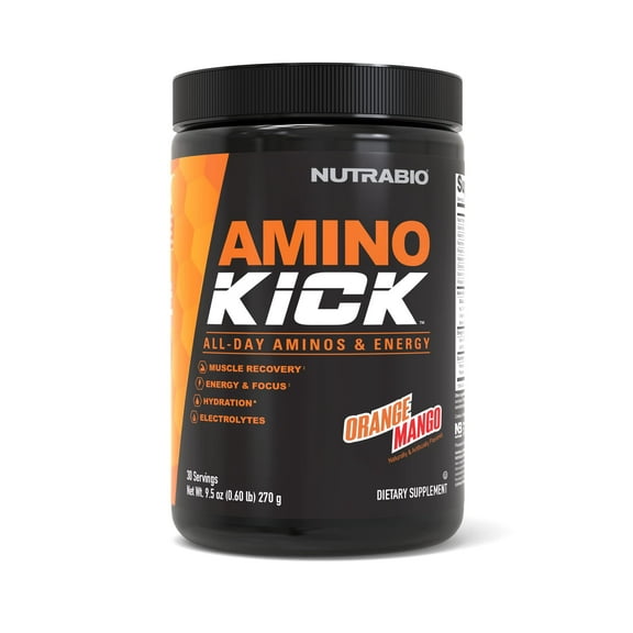 NutraBio Amino Kick - BCAA's, Electrolytes for Hydration, Natural Caffeine- 30 Servings- (Orange Mango)