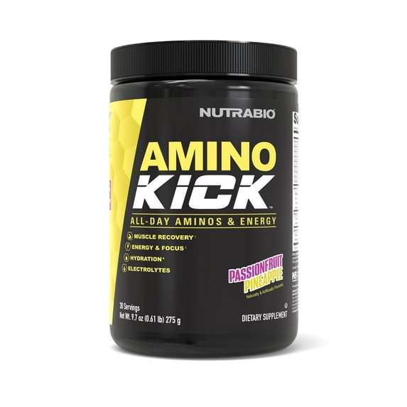 NutraBio Amino Kick - Amino Acid Energy Formula - BCAA's, Electrolytes for Hydration, Natural Caffeine- 30 Servings(Pineapple Passionfruit)