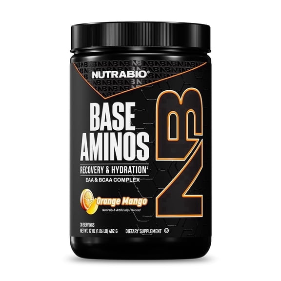 NutraBio Base Aminos EAA + BCAA Powder 10g Essential Amino Acids Supplement, 6g 2:1:1 BCAAs, 2.8g Hydration Matrix with Electrolytes & Absorption Enhancer AstraGin  30 Servings- Orange Mango