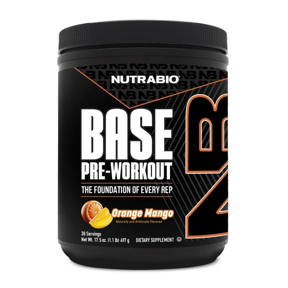 NutraBio Base Pre-Workout Powder- 200mg Caffeine- Endurance, Pump, Clean Pre-workout -30 Servings - Orange Mango