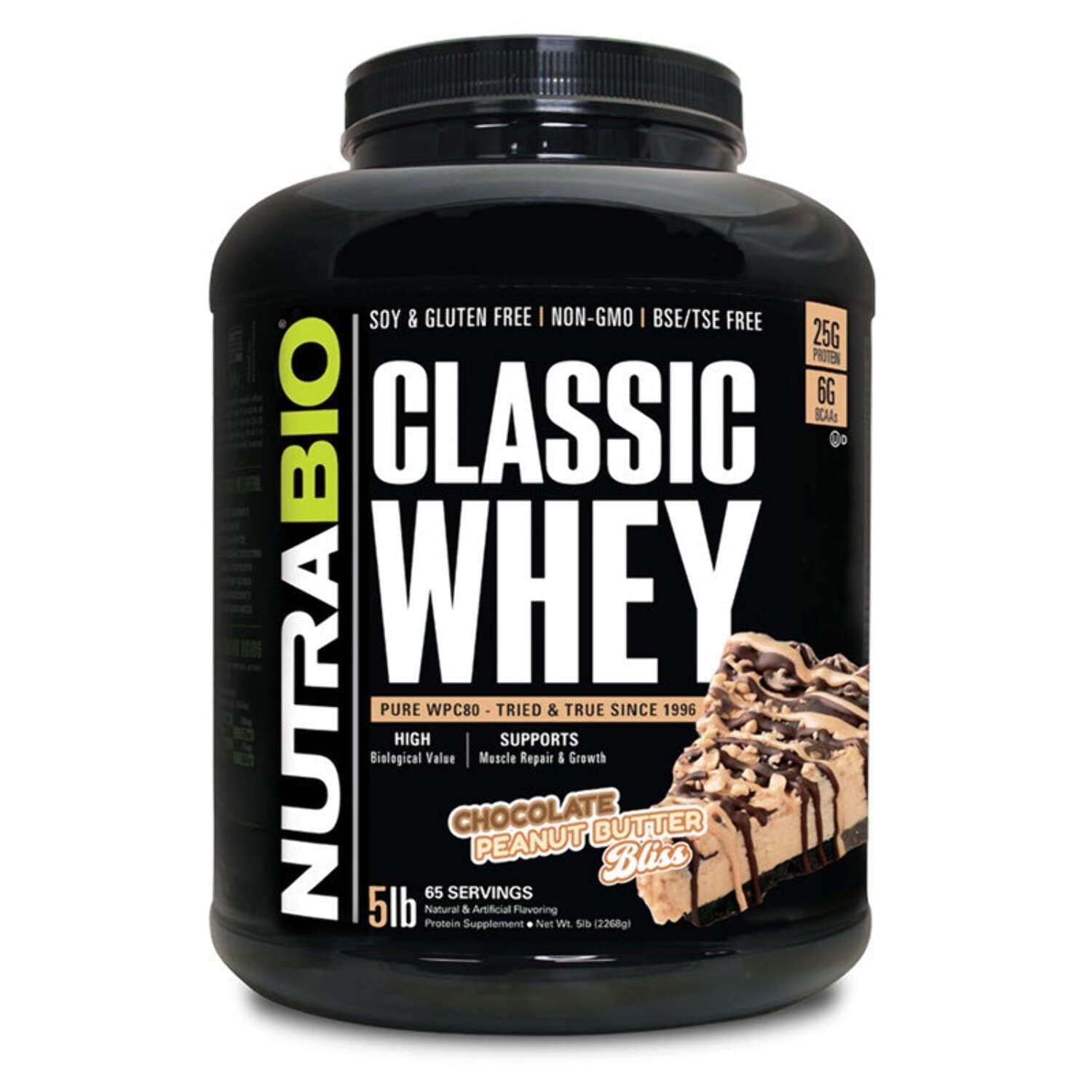 NutraBio Classic Whey Protein Powder- 25G Protein Per Scoop -No Fillers, Artificial Colors, Preservatives - Low Glycemic Index - (Chocolate Peanut Butter, 5 Pounds)