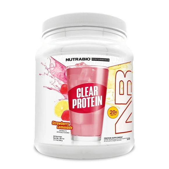 NutraBio Clear Whey Isolate Protein Powder, Delicious & Refreshing Fruit Flavors, Protein Juice, No Milky Taste, No Foam, Zero Sugar, Strawberry Lemonade, 20 Servings