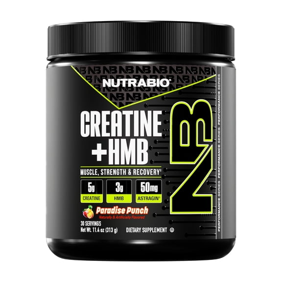 NutraBio Creatine + HMB- Creatine Monohydrate with HMB Powder for Muscle Growth, Increased Strength- 30 Servings (Paradise Punch)