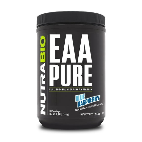 NutraBio – EAA Pure – 9 Amino Acids – Muscle Repair and Recovery, 30 Servings, Blue Raspberry – Pre or Post Workout – All Day Recovery