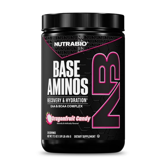 NutraBio Base Aminos EAA + BCAA Powder –10g Essential Amino Acids Supplement, 6g 2:1:1 BCAAs, 2.8g Hydration Matrix with Electrolytes & Absorption Enhancer AstraGin® – 30 Servings- Dragon Fruit Candy