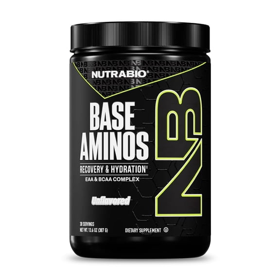 NutraBio Base Aminos EAA + BCAA Powder 10g Essential Amino Acids Supplement, 6g 2:1:1 BCAAs, 2.8g Hydration Matrix with Electrolytes & Absorption Enhancer AstraGin  30 Servings- Unflavored