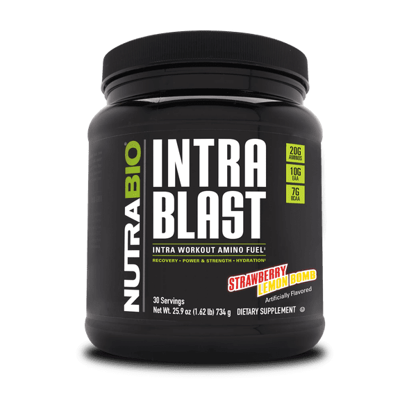 NutraBio Intra Blast BCAA EAA Electrolyte and Hydration Powder - Amino Acid Supplement, EAA/BCAA Powder - Non-GMO and Gluten Free - Strawberry Lemon Bomb - 30 Servings