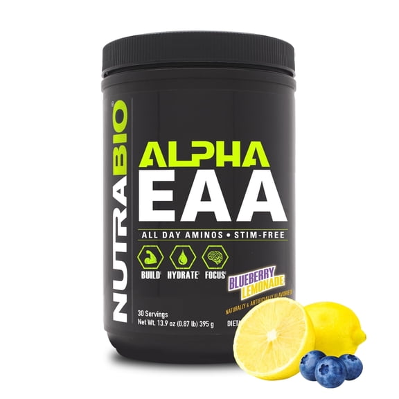 NutraBio Alpha EAA Hydration and Recovery Supplement - EAA BCAA Matrix with Electrolytes, Nootropics, Coconut Water - Recovery, Energy, Focus, & Hydration Supplement (Blueberry Lemonade)