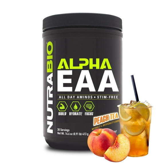 NutraBio Alpha EAA Hydration and Recovery Supplement - Full Spectrum EAA BCAA Matrix with Electrolytes, Nootropics, Coconut Water - Recovery, Energy, Focus, and Hydration Supplement - Peach Tea