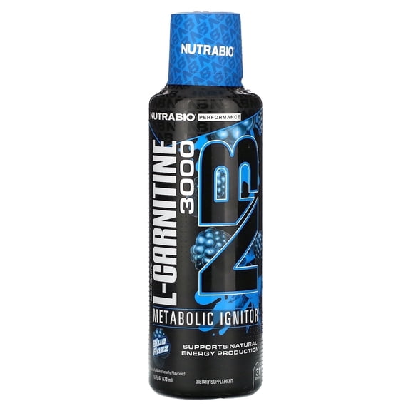 NutraBio  L-Carnitine Liquid Shots  3000mg, (Blue Razz)  10mg of Vitamin B-5  Zero Carbs & Sugars  Energy Production  Muscle Recovery