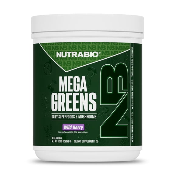 NutraBio Mega Greens- Complete Daily Super Greens Powder Superfood- Alkalizing, Energy, and Metabolic Support, Digestive Enzymes, Adaptogenic Mushrooms, Immune Defense - 30 Servings- Wild Berry