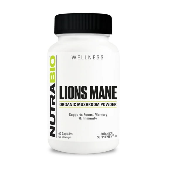 NutraBio Lions Mane Supplement Capsules- Organic Lion's Mane Mushroom Powder (500mg)- Focus, Memory, Immunity - 60 Vegetable Capsules