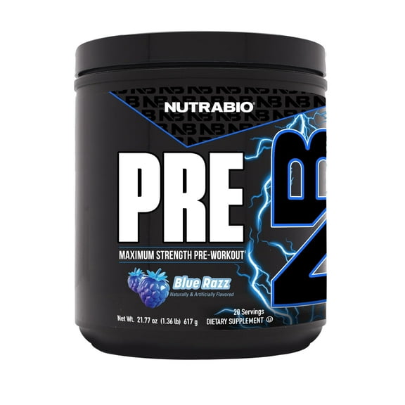 NutraBio PRE Workout Powder - New Formula- Sustained Energy, Mental Focus, Endurance - Beta Alanine, Caffeine, Electrolytes - 20 Servings - Blue Razz