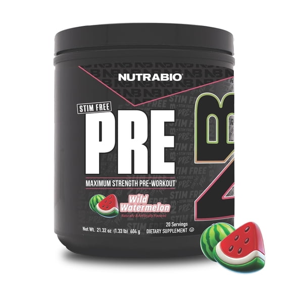 NutraBio STIM-Free PRE Workout for Men, New Formula | Laser Focus, Extreme Pumps | Performance, Endurance | 10g Citrulline, Beta Alanine, Nitrates, Nootropics, Electrolytes - 20 Servings Watermelon
