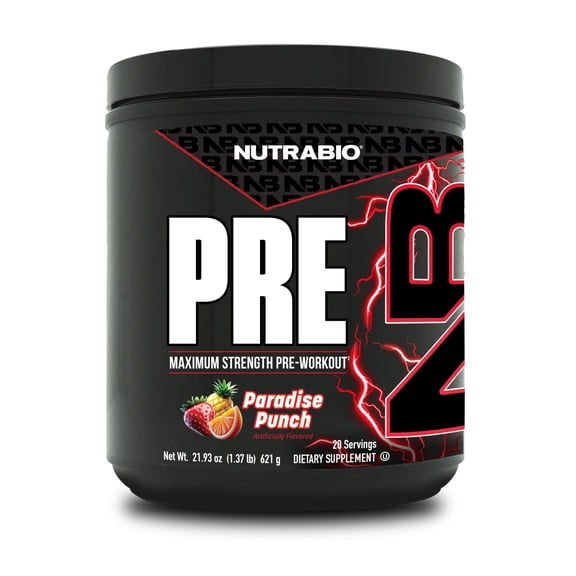 NutraBio PRE Workout Powder - New Formula- Sustained Energy, Mental Focus, Endurance - Beta Alanine, Caffeine, Electrolytes - 20 Servings - Paradise Punch