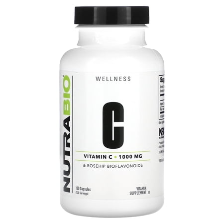 NutraBio Vitamin C with Rose HIPS - Supports Healthy Bones, Teeth and Gums, Immune Function - No Fillers or Excipients - (120 Capsules, 1000mg of Vitamin C per Capsule)