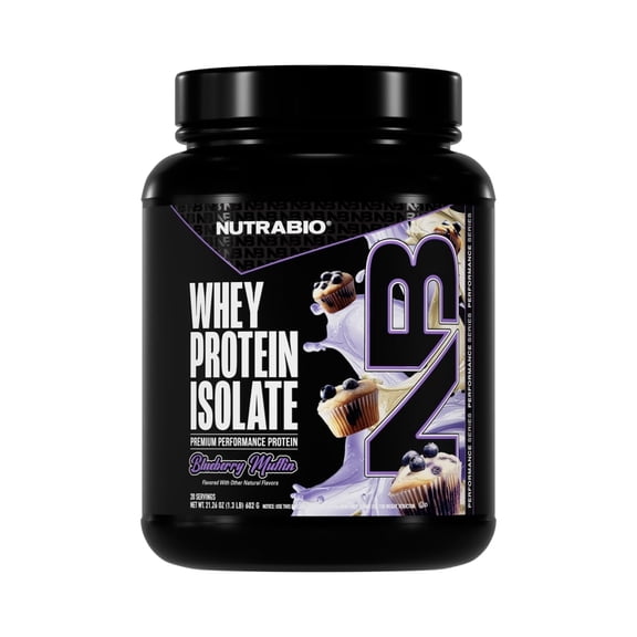 NutraBio 100% Whey Protein Isolate Protein Powder, 25g Protein with Complete Amino Acid Profile, Non-GMO, Soy & Gluten Free, Low Carb, Low Calorie Whey Protein Powder, Blueberry Muffin, 20 Servings